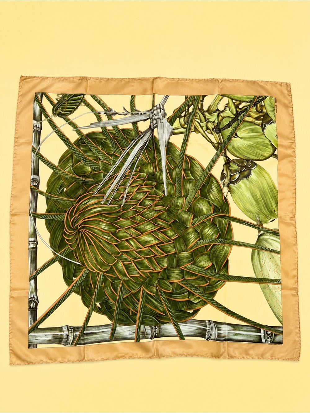 Silk Botanical Print Scarf in Green and Gold